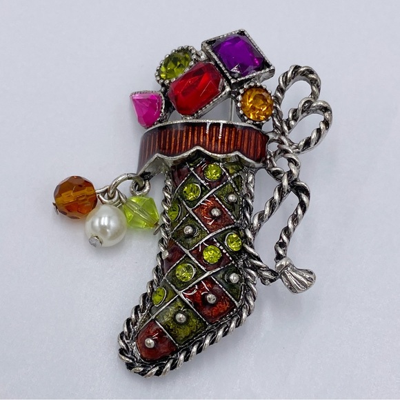 Kenneth Cole Jeweled Rhinestones Stocking Brooch / Pin Vintage - Picture 2 of 7